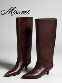 Fall/Winter French Blogger Style Pointed Toe Wide Shaft Thigh High Boots, Ins Nordic Kitten Heel Equestrian Boots For Women,Kitten Heels - Burgundy - View 2