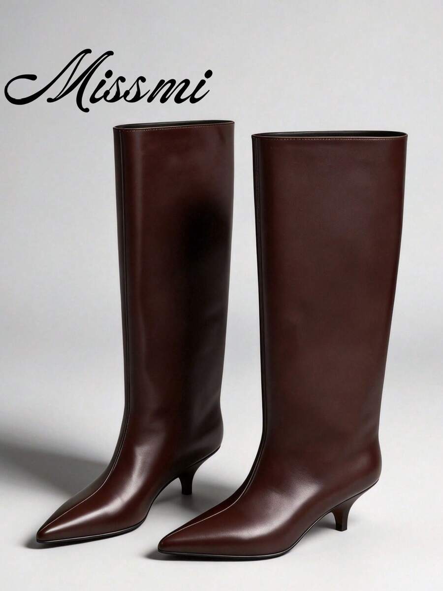 Fall/Winter French Blogger Style Pointed Toe Wide Shaft Thigh High Boots, Ins Nordic Kitten Heel Equestrian Boots For Women,Kitten Heels