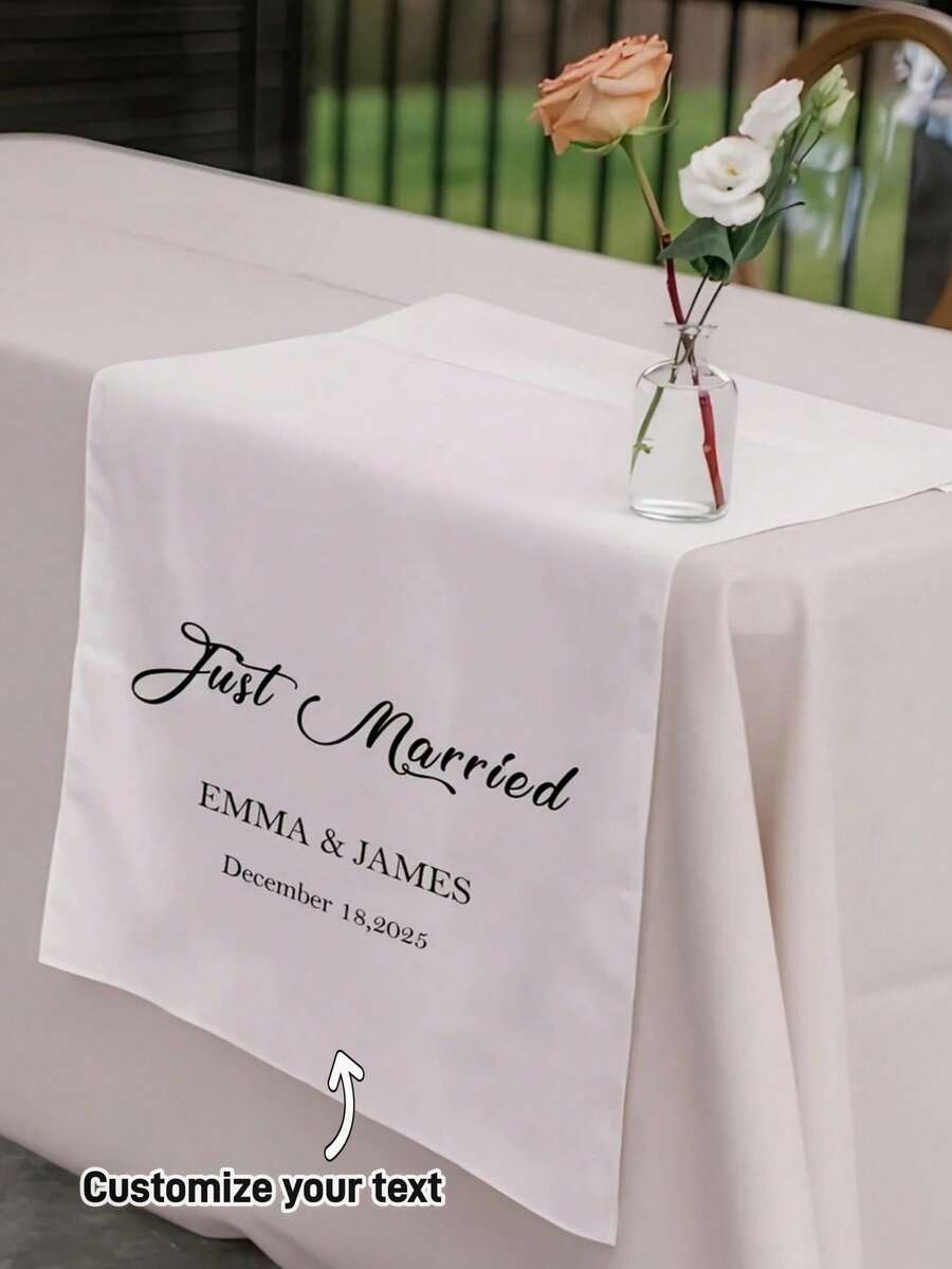 Customized Wedding Table Runner, Suitable For Sweetheart Table Decor, Customizable Name, Perfect For Newlywed Table Decoration And Coordinated Venue Setup, Creating Sweet Romantic Event Details And Customized Wedding Display - White - View 1