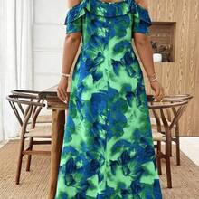 guang zhou mi qian shang mao  Tall CURVE Vestido largo de mujer de talla grande con volantes en el hombro y el bajo, vestido largo para vacaciones en la playa, de tela texturizada lavada con aspecto de lino, suelto y cómodo y transpirable - Multicolor - Ver 10