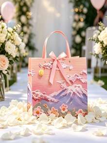 1個創意2D花卉油畫禮品盒、禮品袋、2D圖案禮品紙袋附緞帶、便攜式紙製禮品袋、奶油雲朵與花瓣設計。非常適合婚禮禮物、生日裝飾、婚禮派對贈品、情人節、生日派對、復活節、婚禮、母親節、桌面裝飾和禮品包裝用品 - 漸層色 - 查看 4