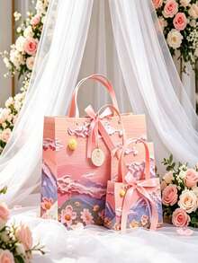 1個創意2D花卉油畫禮品盒、禮品袋、2D圖案禮品紙袋附緞帶、便攜式紙製禮品袋、奶油雲朵與花瓣設計。非常適合婚禮禮物、生日裝飾、婚禮派對贈品、情人節、生日派對、復活節、婚禮、母親節、桌面裝飾和禮品包裝用品 - 漸層色 - 查看 1