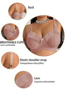 Plus Size Women's Wireless Bra With Floral Print, Breathable Non-Slip Lace Patchwork, Supportive Lift, Adjustable Straps, Seamless For Daily Wear - Apricot - View 6