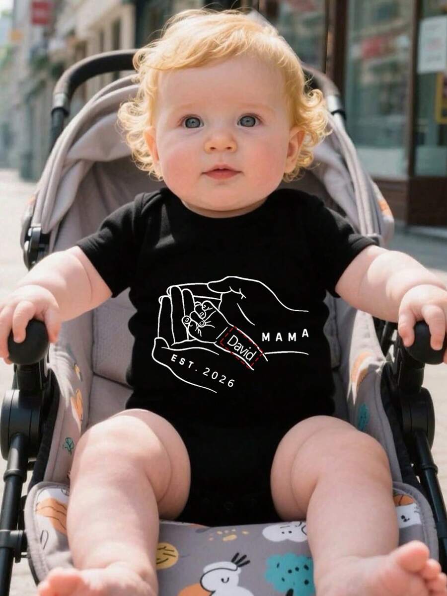 [Customized]Infant Short Sleeve Jumpsuit Unisex Baby DIY Personalized Name + 2026 Parent-Child Commemorative Print, Round Neck Skin-Friendly Fit, Versatile Casual Romper, Durable & Shape-Retaining, Machine Washable & Dry Cleanable - Black - View 1