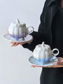 1套漸層南瓜陶瓷咖啡杯盤組，下午茶拿鐵杯，創意少女風早餐馬克杯 - 彩色 - 查看 4