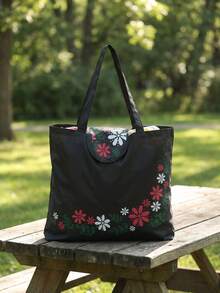 Bolsa de compras reutilizable con diseño de flor de hoja negra, bolsa plegable de gran capacidad, duradera y lavable - Negro - Ver 12