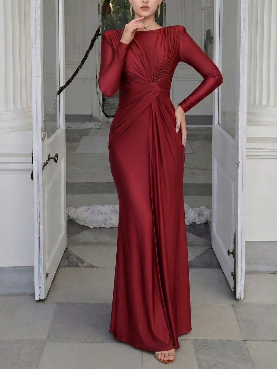 Pink Long Sleeve Pleated Long Dress, Autumn/Winter Spring Elegant Red - Red - View 1