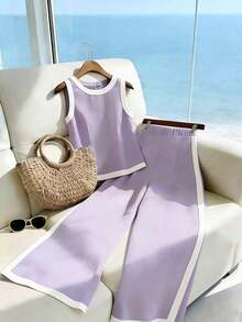 2 piezas Conjunto de top de tirantes de unicolor y elegante con cuello redondo y pantalones de pierna ancha, adecuado para vacaciones y uso diario casual - Púrpura malva - Ver 1
