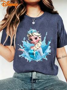 Disney Frozen Elsa Water Splash Gradient Cute Cartoon Printed Round Neck Short Sleeved T-Shirt, Women's Summer Casual Disney Vacation Top, Summer Dress, Summer Top, Women's Top, Festival Tank Top, Women's Summer Top, Independence Day, Festival Dress, Gifts For Family And Friends, Women's Spring Dress, Officially Authorized Disney T-Shirt, Disney Men's And Women's Spring/Summer Fashion Casual Short Sleeved T-Shirt - Royal Blue - View 1