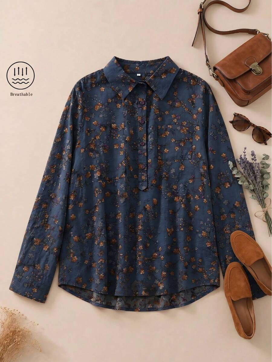 Áo khoác cardigan dài tay cổ polo đa năng họa tiết hoa nhí dành cho nữ cỡ lớn, thích hợp cho kỳ nghỉ xuân. - Màu xanh lam - Xem 1