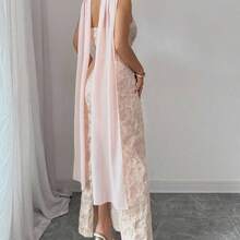 dahkjdgajy  Vestido  con cintura ceñida, escote sin tirantes, cuello con lazo, de tela jacquard con estampado floral rosa y dorado, elegante y romántico, adecuado para citas, compras, festivales de música y talla grande, primavera/verano - Azul - Ver 3