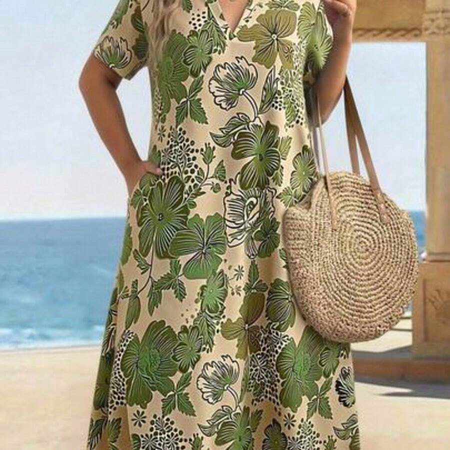 dahkjdgajy Vestido holgado con bolsillo, de manga corta y estampado floral, talla grande para mujer, para vacaciones - Verde - Ver 1