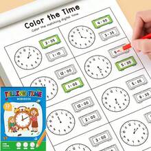 32 Pages Educational Paper Telling Time Workbook, Colorful Cartoon Clock Matching Digital Time Practice, Early Math Reading Preschool Learning Activities Book For Toddlers 3-6, Perfect Birthday Gift Classroom Homeschool Kindergarten Back To School - 彩色 - 查看 5