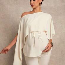 MaterniChic Blusa elegante de unicolor y casual con bajo asimétrico para embarazadas en verano - Albaricoque - Ver 2