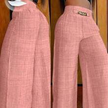 Women's Casual Wide-Leg Linen Pants With Metal Chain Detail, Autumn Style - 珊瑚粉 - 查看 8