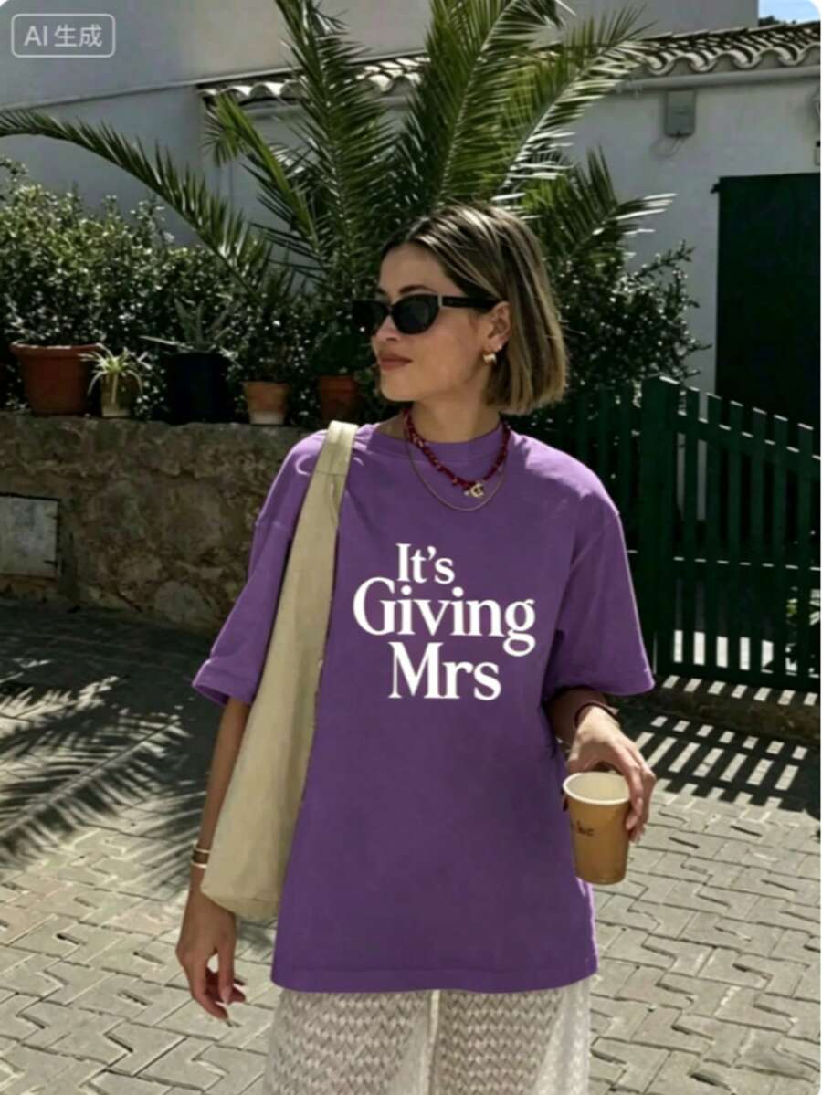 Bachelorette T Shirts Women,Its Giving Mrs Bride To Be Engagement Top,Summer Print Round Neck Short Sleeve,Graphic Tees,Cute,Party Outfit - 紫色 - 查看 1