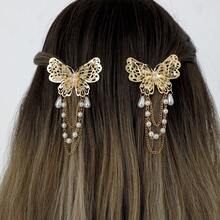 2 piezas de pinzas para el cabello con cadena de mariposa y perlas, muy decoradas - Multicolor - Ver 4