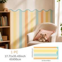 SUPSTICKER 1片馬卡龍波浪邊條紋半牆貼，可移除PVC自黏式壁紙，適合兒童房臥室，17.71x35.43/47.24英吋 - 彩色 - 查看 17