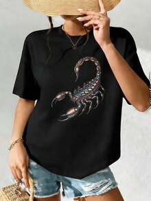 Camiseta casual para mujer con estampado de escorpión, 100% algodón, estampado llamativo, estilo casual y transpirable. - Negro - Ver 2