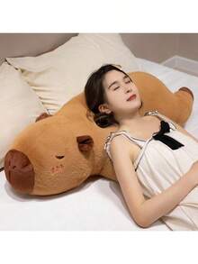 1pc Cute Capybara Plush Doll Long Pillow, Children's Sleeping Bed Cushion Backrest - Brown - View 2