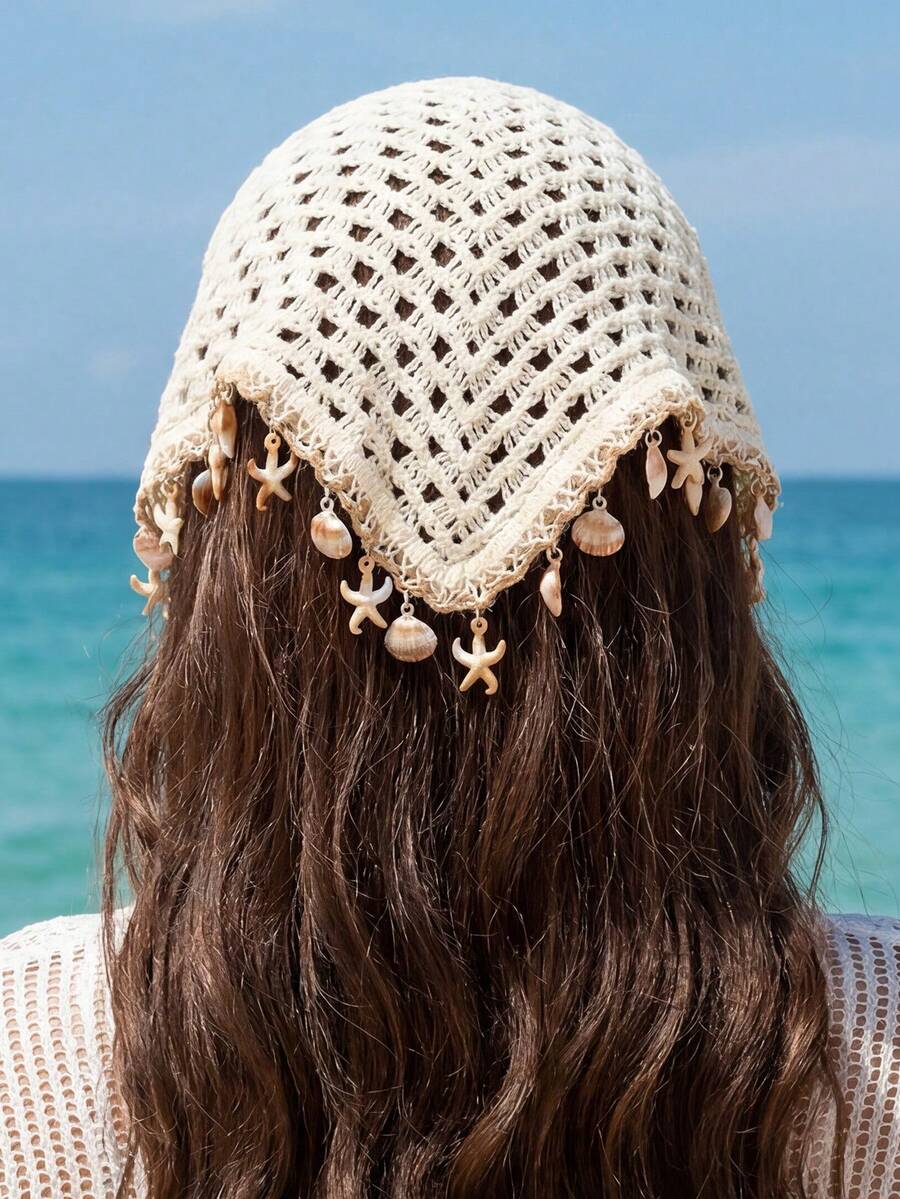 1pc Women's French Elegant Bohemian Style White Shiny Rhinestone Knit Hollow Out Versatile Sequin Starfish Shell Pendant Headband Hair Scarf, Suitable For Daily Wear, Party, Gathering, Summer Beach Vacation Decoration - Multicolor - View 1