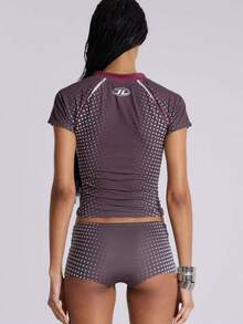 Summer Sports  Women's Short Two-Piece, Printed Separated Swimsuit For Women, Vacation Style Short-Sleeved Shorts Two-Piece Sexy Beach Swimsuit - 灰色 - 查看 9