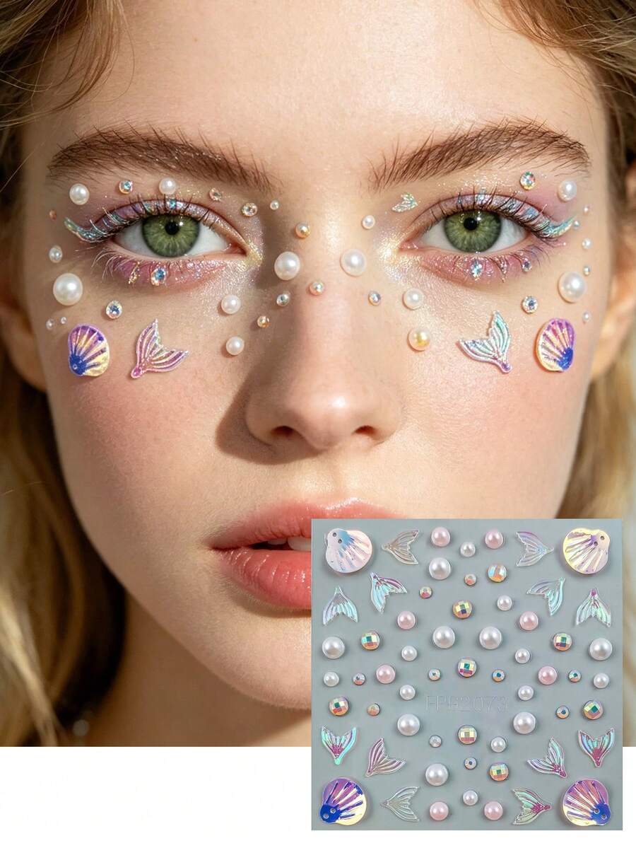 1pc Mermaid Theme Self-Adhesive Face Gem Stickers, Crystal Rhinestone Temporary Stickers, Suitable For Festival Carnival Makeup Enhancement, Stage Performance Face Makeup DIY Decoration Accessories