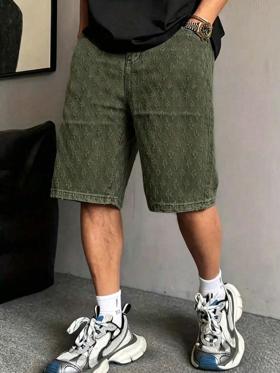 男士时尚钩针牛仔短裤 - 軍綠色 - 查看 1
