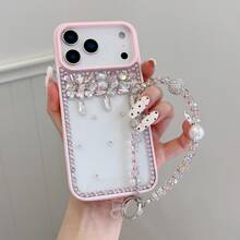 Luxury Rhinestone Stacked Phone Case With Chain, Compatible With Iphone 17 Pro Max/17 Pro/17, 16 Pro Max/16 Pro/16, 15 Pro Max/15 Pro/15, 14 Pro Max/13, Girly Design - Pink - View 1