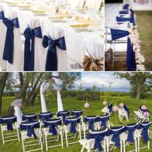 10pcs Navy Blue Satin Chair Bow Ribbons, Wedding Chair Back Silk Bowknot Ribbons, Suitable For Reception, Dining Room, Home Kitchen, Birthday, Events, Banquet, Party, Hotel Decoration - Navy Blue - View 7