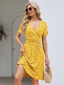 Womens Summer Dresses For Women 2026 Spring Floral Sundress Short Sleeve V Neck Wrap Dress With Pockets Festival Outfits Elegant Dress For Women Dress For Women - 03 黃色花卉 - 查看 3