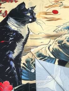 大码男士日本浮世绘樱花、梅花和猫印花纽扣口袋短袖衬衫 - 杏色 - 查看 6