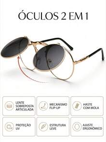 Óculos de Sol Feminino Flip Up Redondo Ilook Vintage Urbano Preto com Estilo Premium - Preto - Visão 3