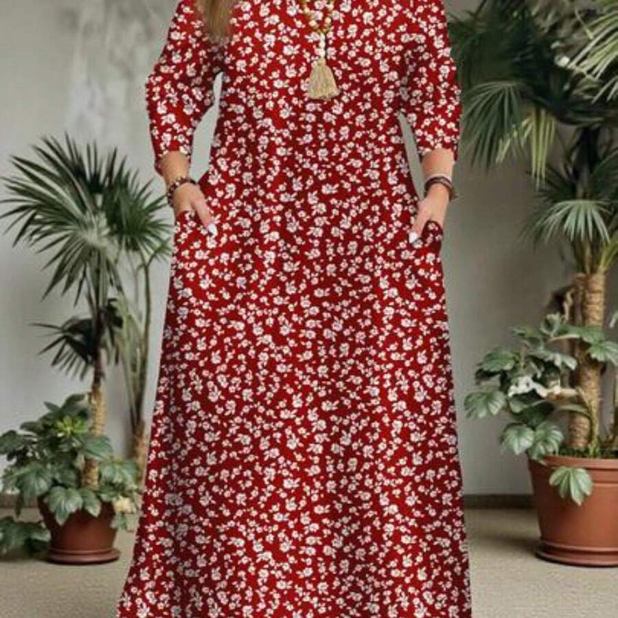 dahkjdgajy Mellowie Vestido de manga larga con cuello redondo y estampado floral, adecuado para otoño/invierno, talla grande - Multicolor - Ver 1