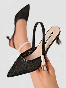 New Chinese Style White High Heel Mules, Pointed Toe Lace Embroidery Convertible Sandals For Women,Kitten Heels,Summer Shoes - Black - View 8