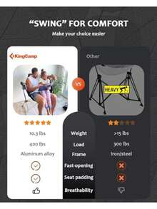 KingCamp - Silla de Camping con Forma de Hamaca Plegable portátil para Adultos de 400libras Resistente Plegable de Gran tamaño con Marco de aleación de Aluminio para Exteriores Playa Patio Caqui - Caqui - Ver 6