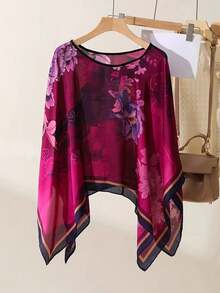FADZOYLE 1pc Versatile Elegant Floral Print Lightweight Pullover Shawl Poncho Blouse For Women Beach Sun Protection Outerwear Loose Shawl Suitable For Daily Wear, Matching, Decorative Accessory - Multicolor - View 8