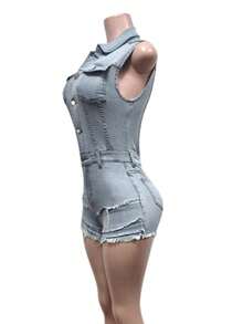 Denim Jumpsuits For Women Sleeveless Short Jumpsuit Stretch Slim Romper, Y2K Street Fashion Women's Clothing - 淺色水洗藍 - 查看 4