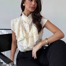 Blusa suelta y transparente sin mangas de tela texturizada con volantes multicapa, elegante, minimalista y delicada, ideal para uso diario, citas, vacaciones y el Día de San Valentín, en color albaricoque - Burdeos - Ver 3