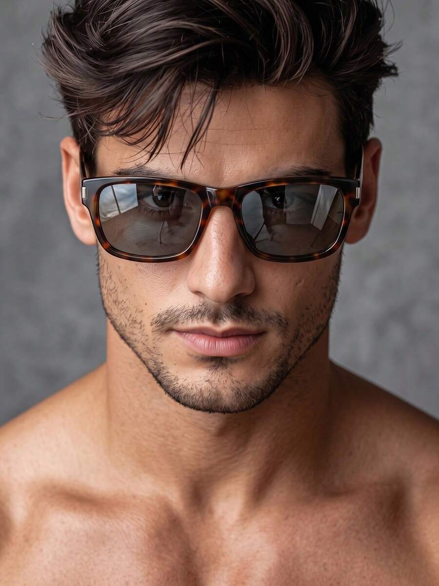 1 Pair Men's Olive Green Square PC Frame Rivet Minimalist Solid Color Fashionable Vacation Fashion Glasses - Leopard Gray - View 1