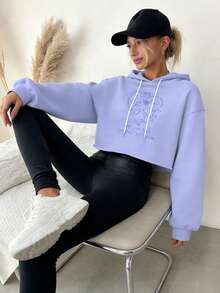 A Short-Sleeve Purple-Blue Cotton Ribbed Top Featuring Lettering, Heart, And Portrait Prints, Accented With Rhinestones And A Hooded Design - 紫羅蘭 - 查看 3