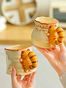 1pc Ins Style Embossed Cat Water Cup, Aesthetic Handmade Ceramic Mug, Suitable For Daily Use - Orange - View 2