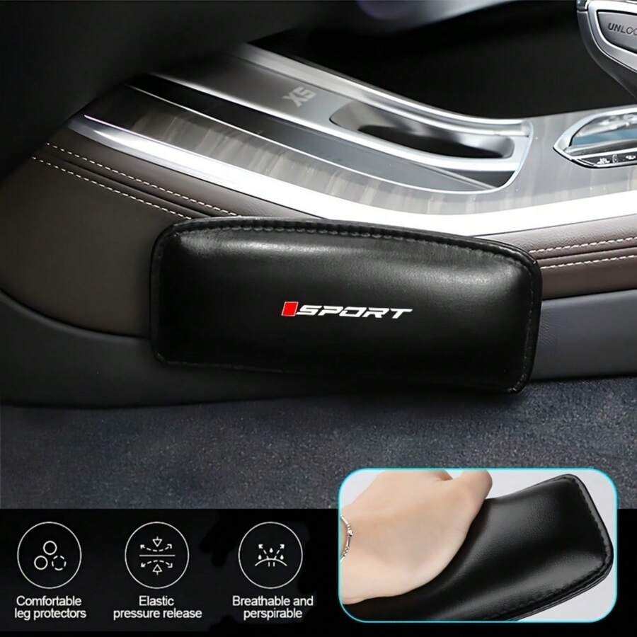 Car Center Armrest Cushion With SPORT Logo, Made Of Premium Leather, Stylish And Durable, Suitable For Knee, Leg And Elbow Support, Shockproof And Anti-Vibration, Comfortable Car Interior Center Console Thigh Support Accessory, Black Universal - Sporty Style - View 1