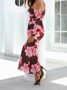 New Two-Tone Floral Print Off-Shoulder Dress - Burgundy - View 3