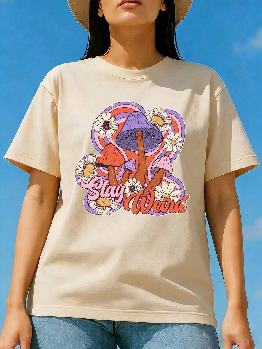 Mother GiftsPAYEAH 1pcs 100% Cotton Mushroom Cartoon Print Crew Neck 220g Heavy Cotton T Shirtgoing Out Outfits - Apricot - View 1