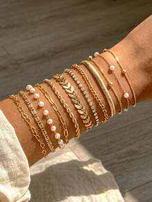 12pcs Multi-Layered Fashion Minimalist Elegant Exquisite Vintage Design Geometric Ribbon Faux Pearl Rhinestone Bling Bling Shiny Round Bead Airplane Chain Infinity Chain Twisted Chain Chain Bracelet Set, Metal Style, Suitable For Holiday, Vacation, Party, Date, Gift, Daily Commute Wear - Yellow Gold - View 1