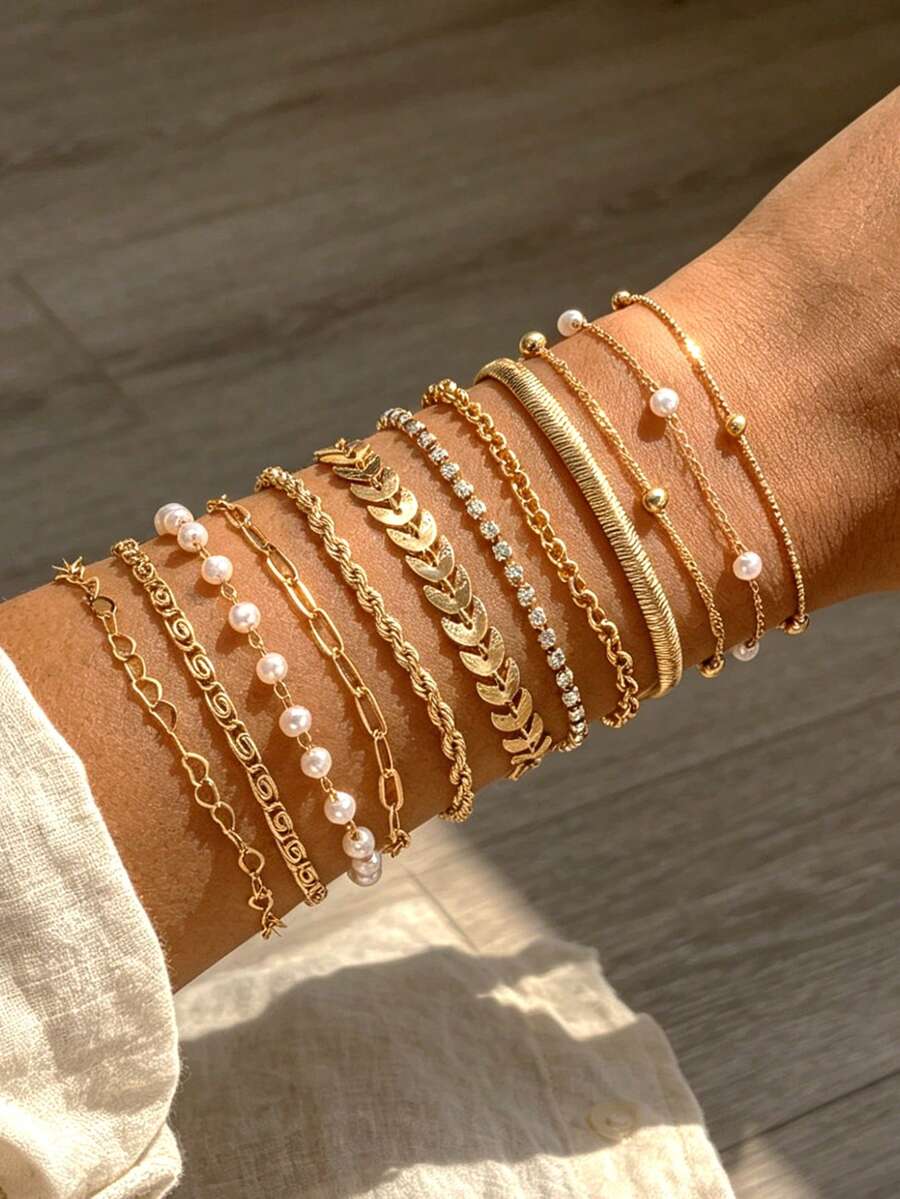 12pcs Multi-Layered Fashion Minimalist Elegant Exquisite Vintage Design Geometric Ribbon Faux Pearl Rhinestone Bling Bling Shiny Round Bead Airplane Chain Infinity Chain Twisted Chain Chain Bracelet Set, Metal Style, Suitable For Holiday, Vacation, Party, Date, Gift, Daily Commute Wear - Yellow Gold - View 1
