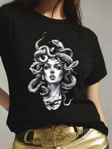 Camiseta de manga corta con estampado de serpiente para mujer de talla grande, camisetas gráficas de verano para mujer. - Negro - Ver 1