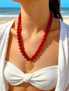 BOHO 1 pieza Collar largo de múltiples colgantes con borlas, estilo vintage francés elegante, hip-hop bohemio, de vacaciones, con cuentas coloridas brillantes, rojo burdeos, con diseño de pez, flor y sol, personalizado, exagerado, único, Y2K, multicapa, cadena en Y, cadena para clavícula, cadena para suéter, adecuado para mujeres, verano, playa, vacaciones, fiesta, cena nocturna, festival de música, cita, regalo, uso diario, versátil para todas las estaciones, joyería - Rojo - Ver 2