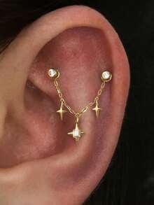 EleRunis 1PC 925 Sterling Silver Star Accessories Piercings Earrings Chain Charm Fine Jewelry For Daily Wear Wedding Party Engagement Anniversary Valentine's Day - Gold - View 6